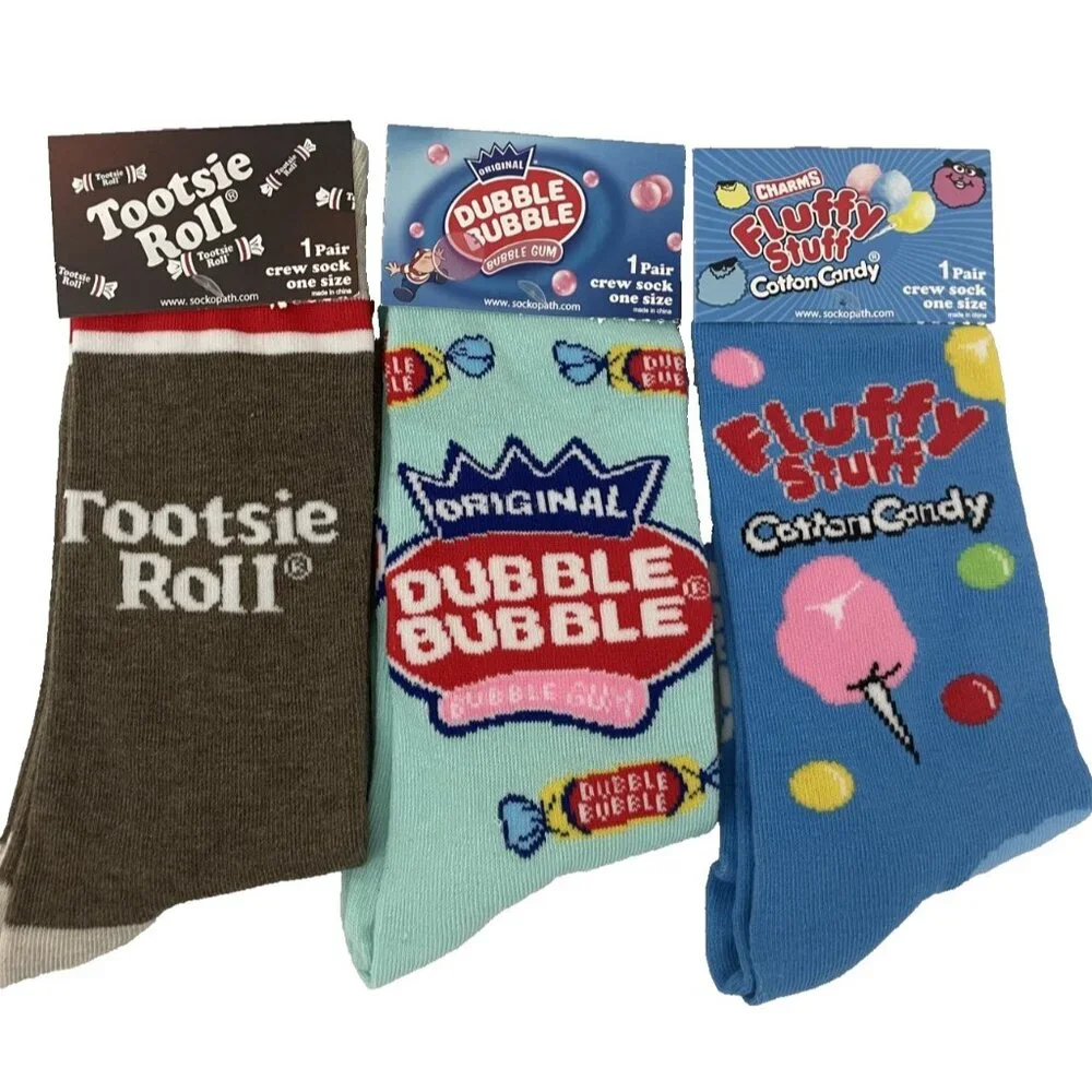 Tootsie Roll, Dubble Bubble, Fluffyy Novelty Candy Crew Socks Lot Of 3 NWT